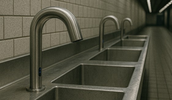 Airport concourse restroom with touchless faucets and dispensers